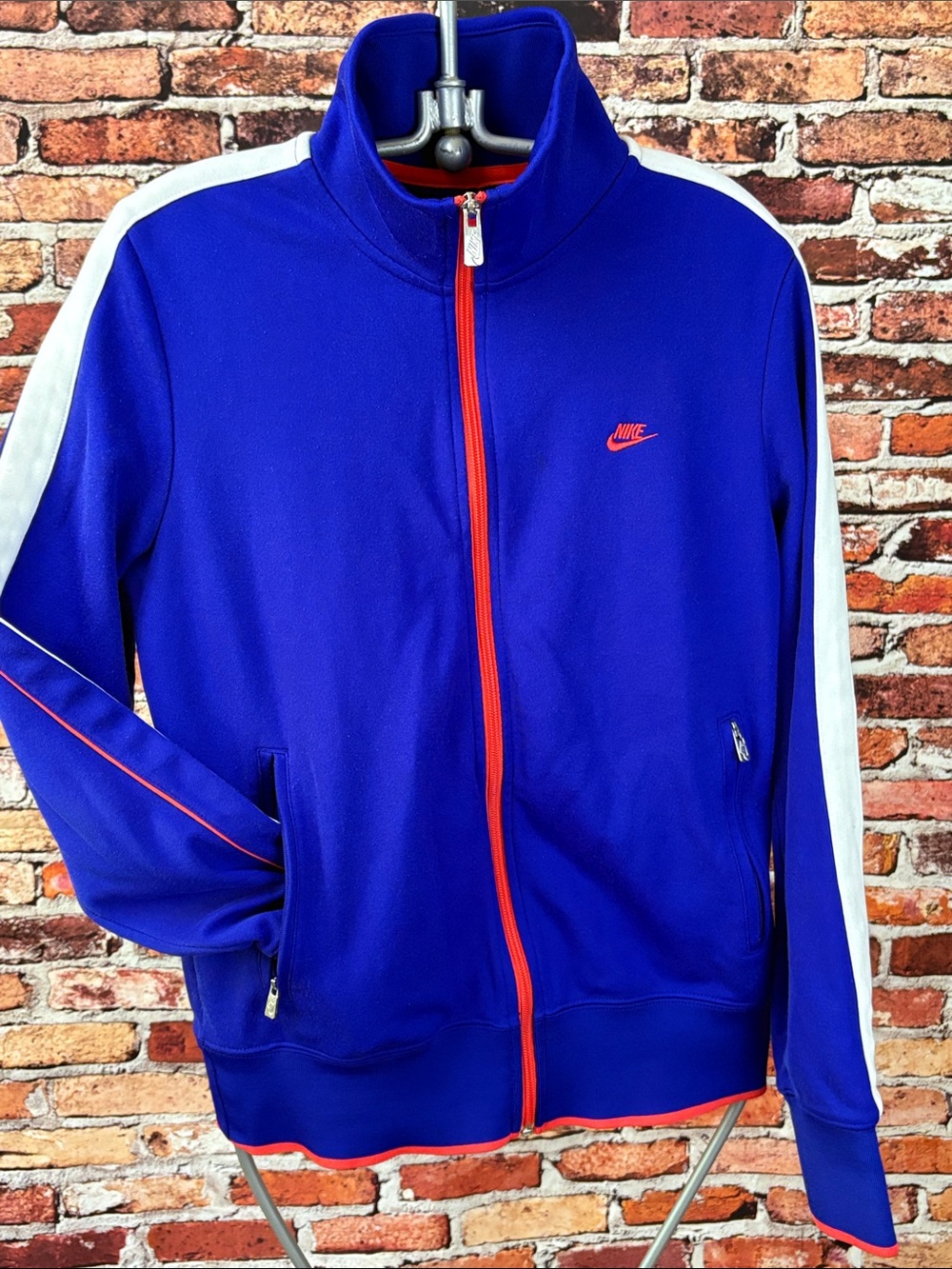 Nike Women’s Royal Blue Track Jacket White Sleeve Stripes and Red Trim Large